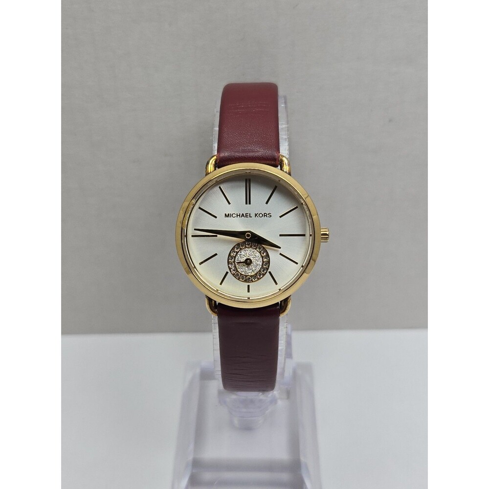 Michael Kors Portia Womens Gold Tone Merlot Leather Pave Watch 28 mm New Battery